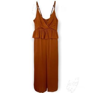 Reserved YFL Orange Satin Pant Wide Leg Jumpsuit Ruffle US Size 6 V-Neck Playsui
